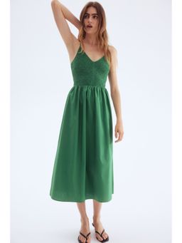 H&M - Women Green Smocked-Bodice Cotton Dress