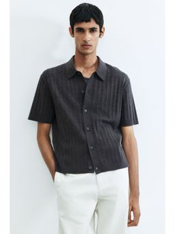 H&M - Men Grey Regular Fit Cable-Knit Short-Sleeved Shirt