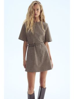 H&M - Women Beige Belted Shoulder-Pad Dress