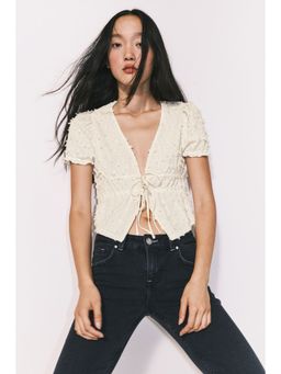 H&M - Women Off White Plumeti Tie-Front Top