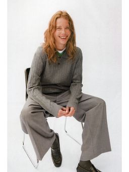 H&M - Women Grey Cable-Knit Polo Shirt