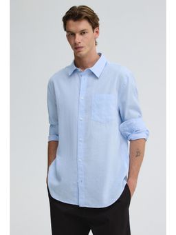 H&M - Men Blue Regular Fit Linen-Blend Shirt