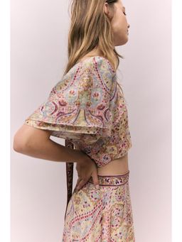 H&M - Women Multi-Color Cropped Linen-Blend Top