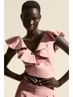 H&M - Women Pink Flounce-Trimmed Top