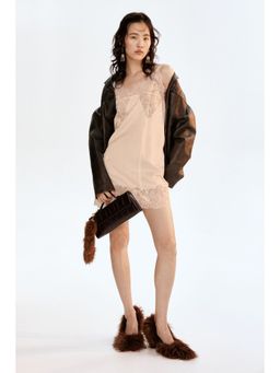 H&M - Women Beige Lace-Trimmed Satin Dress