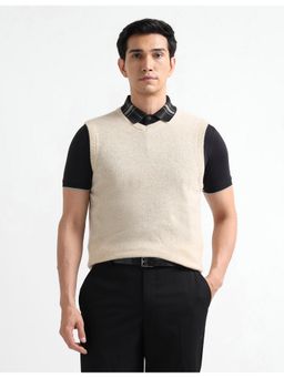 Arrow Sports - Men Beige V-Neck Sleeveless Sweater