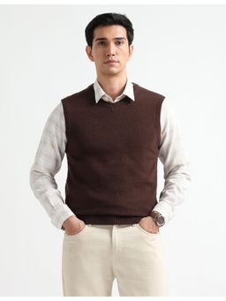 Arrow Sports - Men Brown V-Neck Sleeveless Sweater
