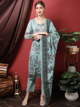 Stylee LIFESTYLE - Turquoise Cotton Silk Digital Printed Dress Material (Set of 3)