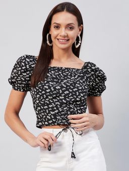 RARE - Women Casual Black Colour Square Neck Floral Fitted Top