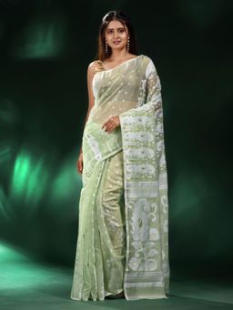 CHARUKRITI - Green Silk Cotton Soft Handwoven Jamdani Saree without Blouse
