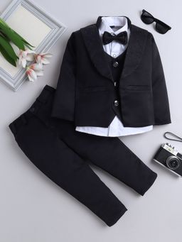 FOURFOLDS - Black Polyester Blazer with Shirt, Trouser and Bow (Set of 4)
