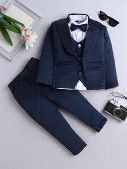 FOURFOLDS - Navy Blue Polyester Blazer with Shirt, Trouser and Bow (Set of 4)
