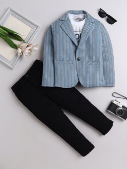 FOURFOLDS - Blue Blended Fabric Blazer with T-Shirt and Trouser (Set of 3)