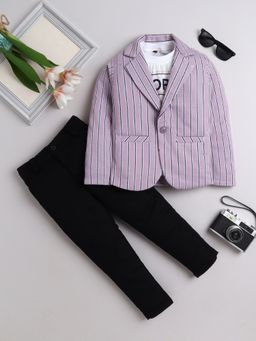 FOURFOLDS - Purple Blended Fabric Blazer with T-Shirt and Trouser (Set of 3)