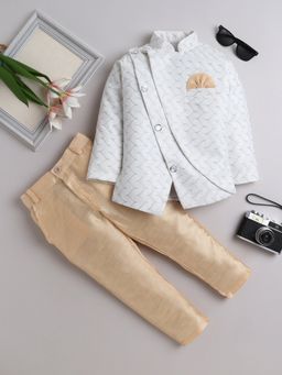 FOURFOLDS - White Blended Fabric Mandarin Neck Band Gala and Trouser (Set of 2)