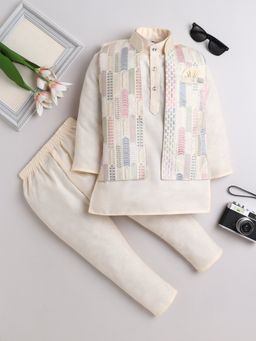 FOURFOLDS - Beige Cotton Mandarin Neck Jacket with Kurta and Pyjama (Set of 3)