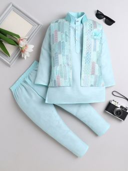 FOURFOLDS - Blue Cotton Mandarin Neck Jacket with Kurta and Pyjama (Set of 3)