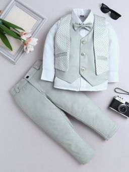 FOURFOLDS - Green Blended Fabric V-Neck Waistcoat with Shirt, Trouser and Bow (Set of 4)