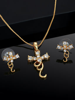 Estele - Gold Plated Cross Designer Pendant Necklace with Crystals for Women (Set of 2)