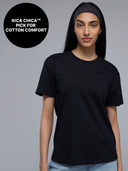 Kica - 100% Cotton Graphic T-Shirt with Curved Hem & Side Slits For Workout to Weekend KIC034 Black