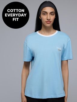 Kica - 100% Cotton Graphic T-Shirt with Curved Hem & Side Slits For Workout to Weekend KIC034 Blue