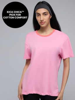 Kica - 100% Cotton Graphic T-Shirt with Curved Hem & Side Slits For Workout to Weekend KIC034 Pink