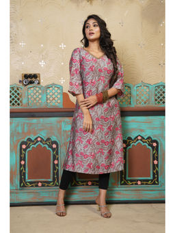 Thread Game - Silky Terrier Earthy Grey Sequin Floral Kurta