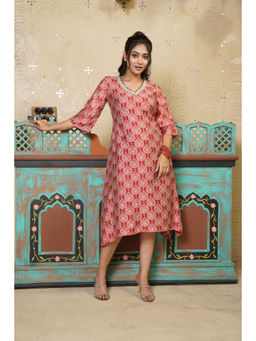 Thread Game - Silky Terrier Earthy Red Embellished Dress