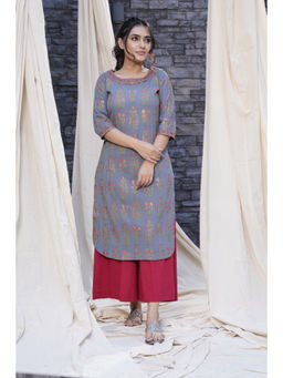 Thread Game - Grey Hand Blocked Natural Cotton Kurta