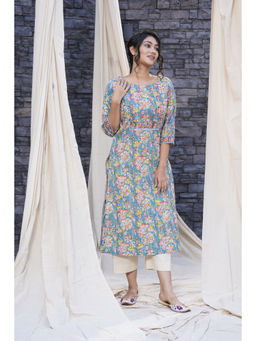 Thread Game - Blue Hand Blocked Natural Cotton Kurta