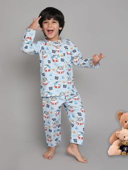 Little Clothings - Boys Round Neck Top Paired with Printed Pyjama Sky Blue (Set of 2)