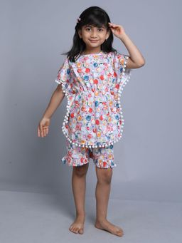 Little Clothings - Girls Grey Cotton Geometric Printed Kaftan Top with Shorts (Set of 2)