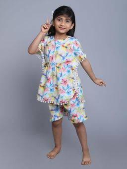 Little Clothings - Girls White Cotton Floral Printed Kaftan Top with Shorts (Set of 2)
