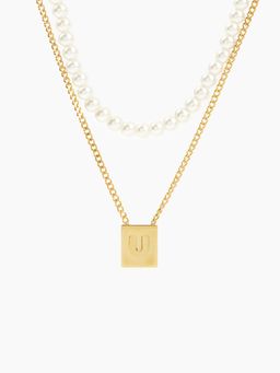 Cider - 18k Gold Plated Layered Hand-beaded Faux Pearl Letter Necklace (U)
