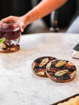 IREKA HOMES - Enamel Forest Floor Acacia Wood Pack of 4 Coasters