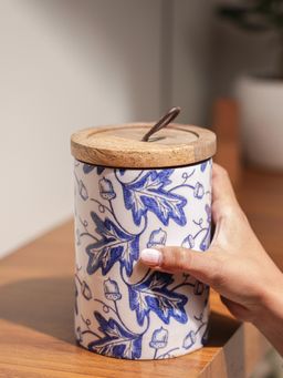 IREKA HOMES - Enamel Bloom Mango Wood Canister