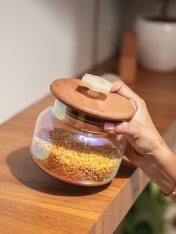 IREKA HOMES - Acacia Wood Lid & Resin Knob Halo Glass Jar