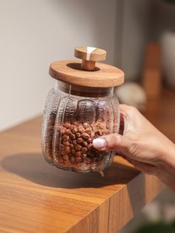 IREKA HOMES - Acacia Wood Lid & Resin Knob Ripple Glass Jar