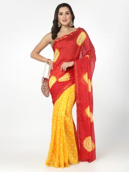 KISHORI - Women Silk Bandhani and Zari Weaving Saree with Unstitched Blouse - Red & Yellow