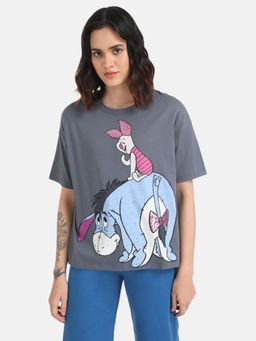 Kazo - Grey Piglet & Eeyore Disney Printed T-Shirt with Sequin Work