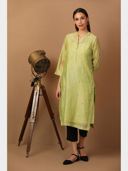 Barara Ethnic - Chartreuse Green Kurta With Intricate Thread Work
