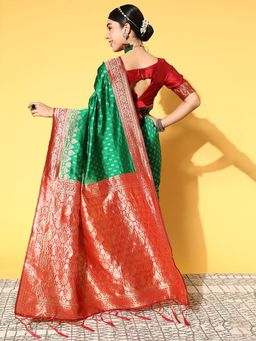 Odette - Silk Blend Green Woven Designer Saree with Unstitched Blouse