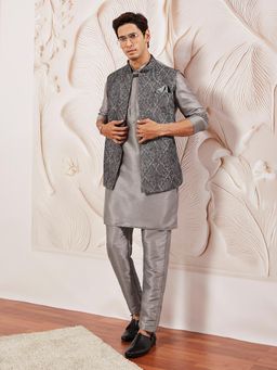 Vastramay - Mens Grey Embroidered Nehru Jacket with Solid Silk Blend Kurta & Trouser (Set of 3)