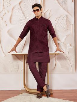 Vastramay - Mens Maroon Embroidered Nehru Jacket with Solid Silk Blend Kurta & Trouser (Set of 3)