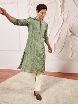 Vastramay - Mens Tissue Silk Green Floral Embroidered Kurta with Pyjama (Set of 2)