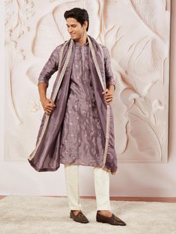 Vastramay - Mens Tissue Silk Lavender Floral Embroidered Kurta with Pyjama & Dupatta (Set of 3)