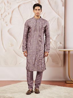 Vastramay - Mens Tissue Silk Lavender Floral Embroidered Kurta with Pyjama (Set of 2)