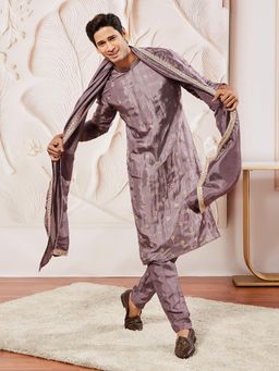 Vastramay - Mens Tissue Silk Lavender Floral Embroidered Kurta with Pyjama & Dupatta (Set of 3)