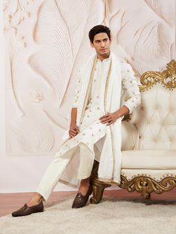 Vastramay - Mens Tissue Silk White Floral Embroidered Kurta with Pyjama & Dupatta (Set of 3)