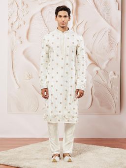 Vastramay - Mens Tissue Silk White Floral Embroidered Kurta with Pyjama (Set of 2)